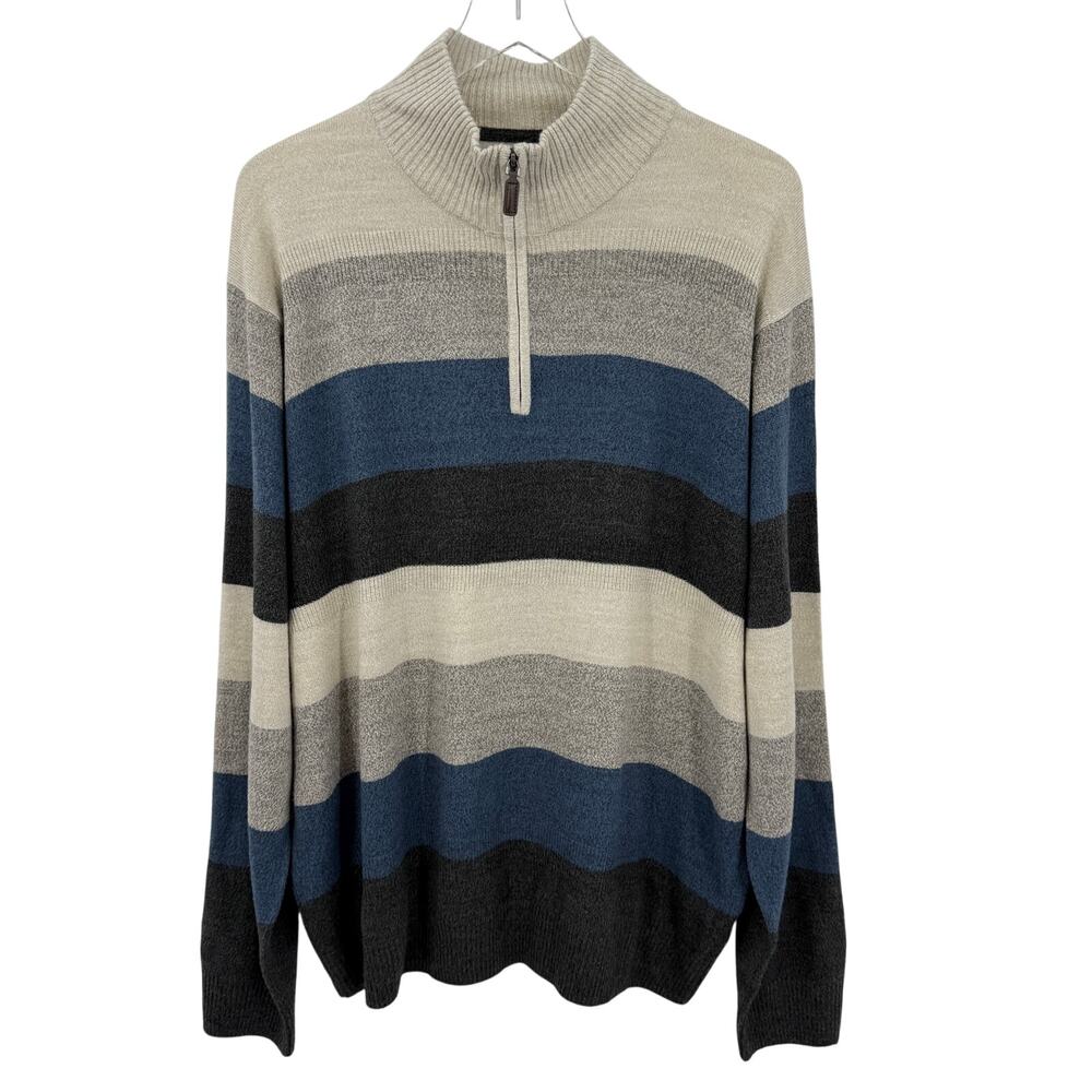 Tricots St Raphael Men's XXL Cream Gray Blue Stripe 1/4 Zip Pullover Sweater